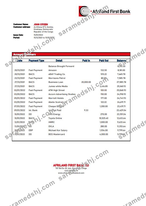 Congo Afriland First bank statement template, Word and PDF format
